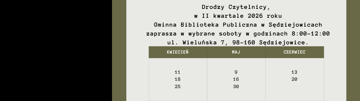 Harmonogram otwarcia biblioteki w soboty – II kwartał 2026